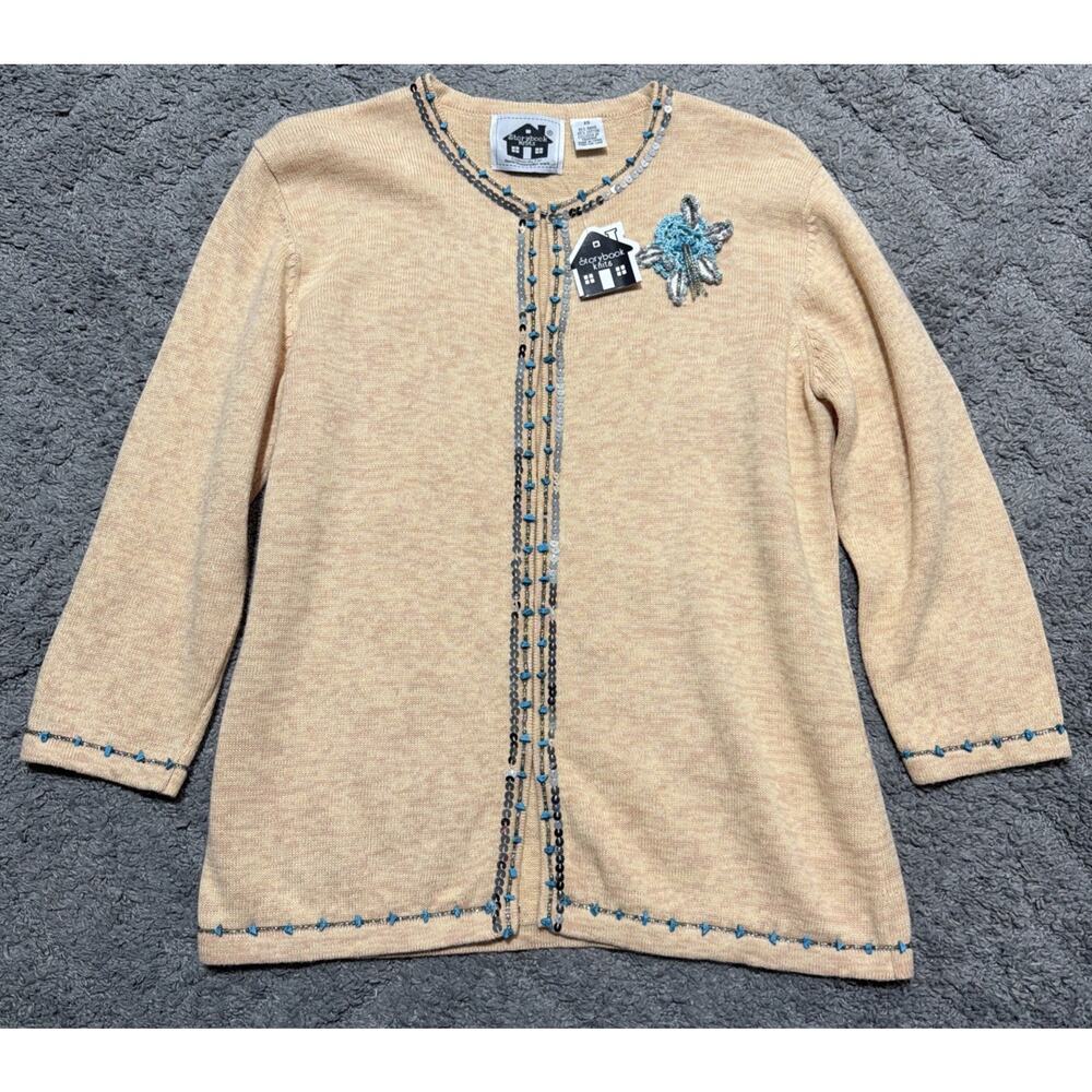 Storybook Knits Peach Starfish Sequin Turquoise Beads LS Cardigan NWT XS
